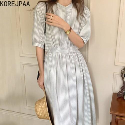 Korejpaa Women Dress 2021 Summer Korean Fashion Simple O-neck Small Button-down Color Stripes Tied Waist Bubble Sleeve Vestidos