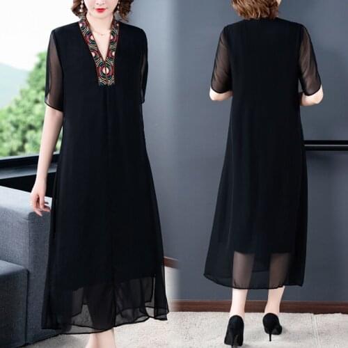High-end temperament v-neck embroidery chiffon dress womens summer 2020 new solid color elegant banquet dress