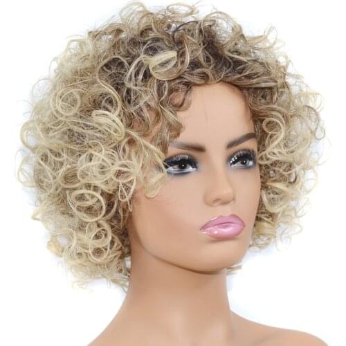 ZM Hair Cheap Yellow Short Afro Kinky Curly Wigs Synthetic Wig Mixed Ombre Grey and Black Wig for Women High Temperature Fiber