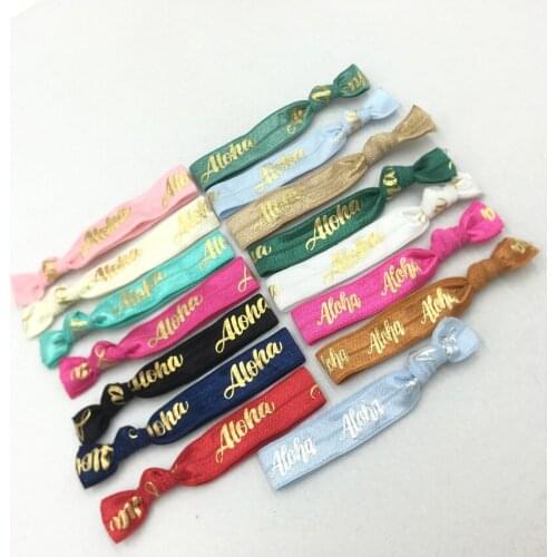 120pcs/Lot 5/8"Gold Foil ALOHA Print Fold Over Elastic Band Hair Tie FOE Ribbon Bracelet Ponytail Holder