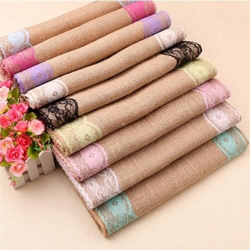 275cm Vintage White Blue Color Lace Jute Linen Hessian Burlap Country Event Party Supplies Wedding Decoration Table Cloth Runner