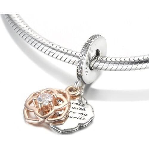 Authentic S925 Silver Pendant Charm for Women Bracelet Bangle DIY Jewelry Two-tone Rose Dangle Bead