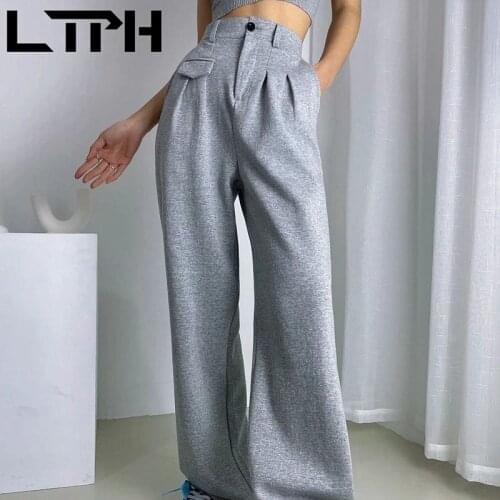 LTPH Advanced Grey Korean High waist fake pocket women trousers loose texture Wide Leg Pants All-match sweatpants 2021Spring New