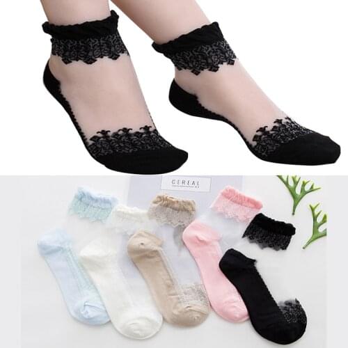 5Pair Ultrathin Transparent Womens Ankle Socks Solid Colors Sexy Summer Lace Elastic Breathable 3D Short Socks Low Cut Socks