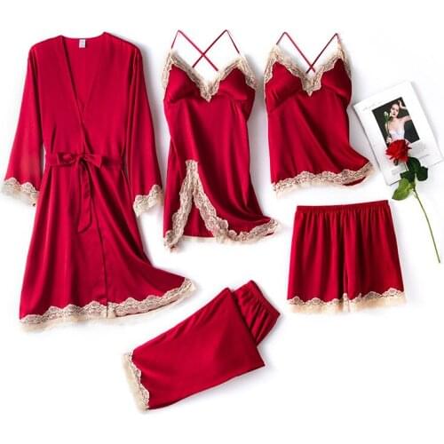 FZSLCYIYI Sexy Satin 5/4/2Pcs Bride Bridesmaid Pajamas Sleepwear Silk Homewear Sleep Lounge Pyjama With Chest Pads Nightwear