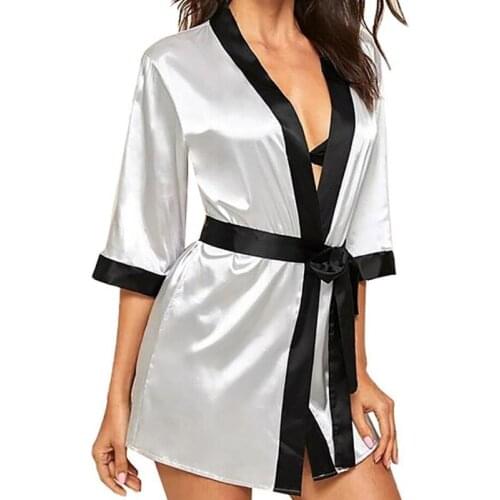 Womens Imitation Silk Sexy Short Kimono Robe Colorblock Bride Wedding Party Open Front Bathrobe Nightgown Sleepwear with
