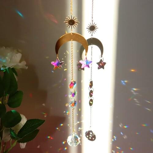 Crystal Wind Chime Star Moon Pendant Sun Light Catcher Plated Colorful Beads Hanging Drop Crystal Prism Pendant Rainbow Maker