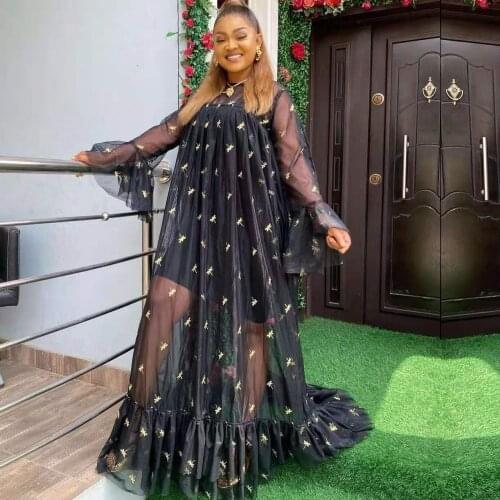 2 Piece Set African Embroidery Maxi Dresses Women Long Sleeve Net Yarn Dress Underdress New Muslim Fashion Evening Gowns