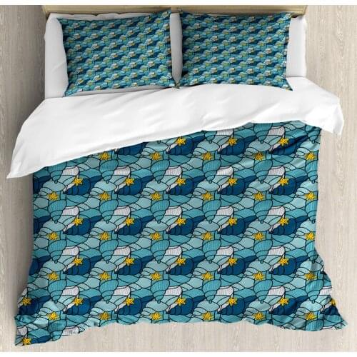 Nautical Duvet Cover Set Pattern of Seashells and Starfish 3 Piece Bedding Set Pale Sky Blue Earth Yellow Petrol Blue and Baby