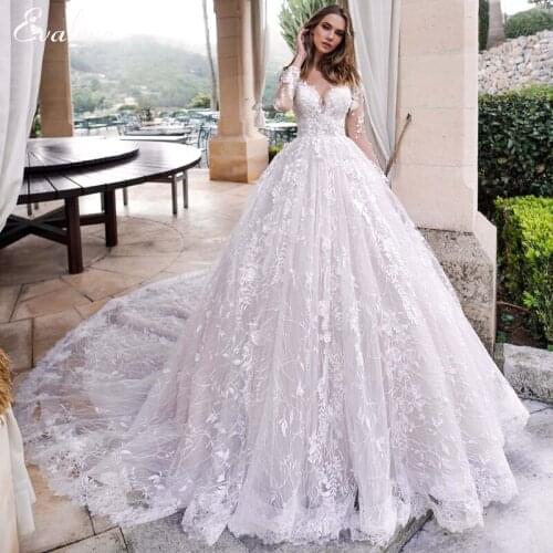 EVALOVE Gorgeous Appliques Lace Chapel Train Ball Gown Wedding Dress Customized Sexy Scoop Neck Long Sleeve Vintage Bridal Gown