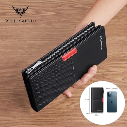 Williampolo Mens Wallet Genuine Leather Card Holder Purse with Zipper Pocket For Cell Phone Luxury Design Mens Purse #201533