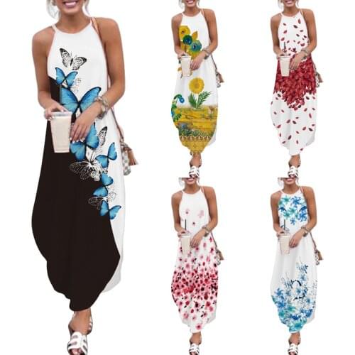 Printed Maxi Dresses VONDA Bohemian Sexy Sleeveless Sundress Women Causal Halter Summer Beach Dress Asymmetric Long Dresses 5XL