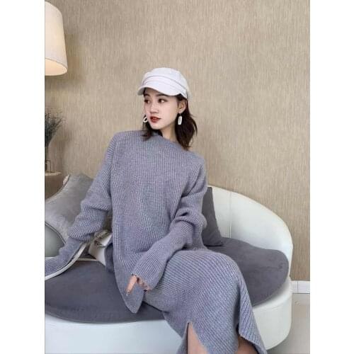 2021 Fashion Korean New Style Irregular Split Round Neck Sweater + Knitted Hip Half Length Skirt Solid Color Two-piece Set