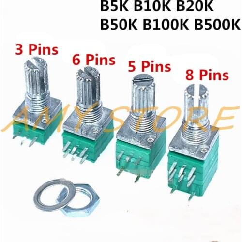 10pcs B5K B10K B20K B50K B100K B500K RV097NS Audio Amplifier Sealed Linear Volume Potentiometer Resistor 15mm Shaft 3/5/6/8pins