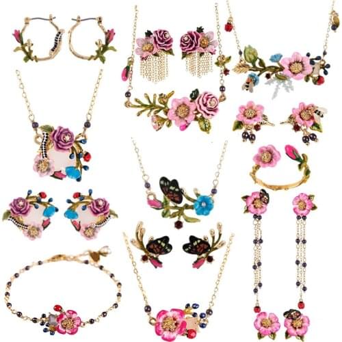 European and American Sweet Rose Jewelry Set Enamel Glaze Flower Ladybug Necklace Stud Earrings Ear Clip Earrings Bracelet Ring