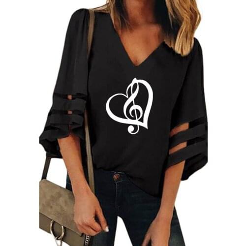 Sexy Splice TShirt Music Note Shirt Female Harajuku Half Sleeve V-Neck Bell Sleeve Women Femme Music Heart Loose Tops
