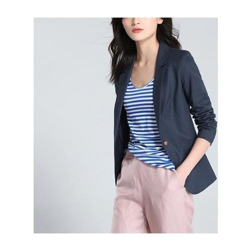 Office Blazers Ladies Blue New Spring Long Sleeve Cotton Linen Single Button Suit Women Jacket Basic Tops LX1422
