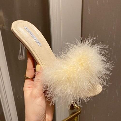 Net Celebrity mink fur slippers women sandals summer transparent thin high heels shoes woman flip flops sweet fur slides 2021