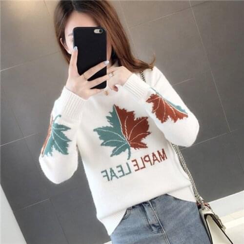 Loose Half Turtleneck Women Sweater Korean Version Knitted Jerseys Jumpers Top 2021 Autumn Winter Maple Leaf Pullover Female