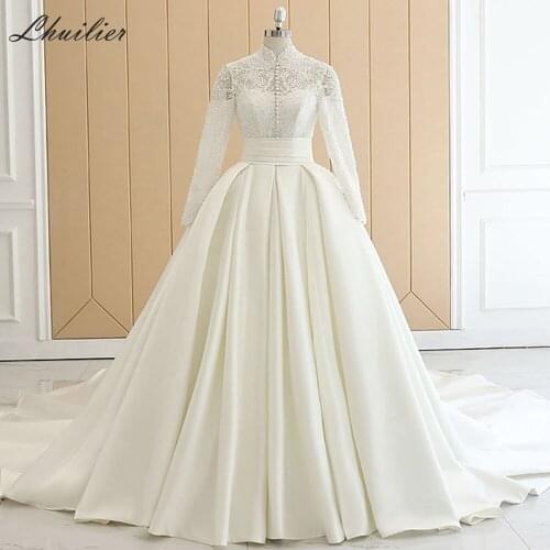 Lhuilier Womens A-Line High Neck Vintage Satin Wedding Dresses 2020 Beaded Full Sleeves Floor Length Bridal Gowns Chapel Train