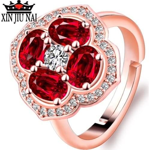 2020 new fashion 14K rose gold opening adjustable four-leaf flower exquisite ruby ladies diamond ring casual party jewelry gift