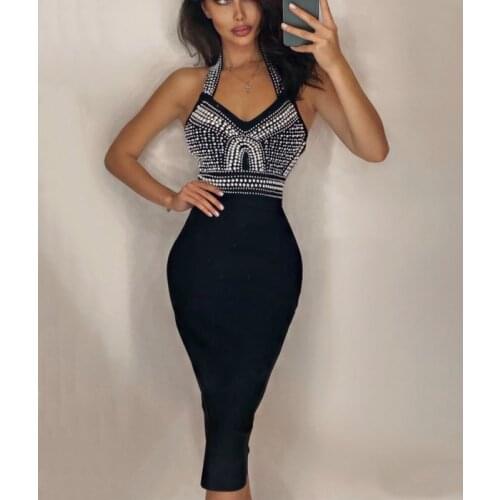 Free Shipping Wholesale New Womens Black White Spaghetti Strap Pearl V-Neck Sexy Celebrity Evening Cocktail Party Bandage Dress