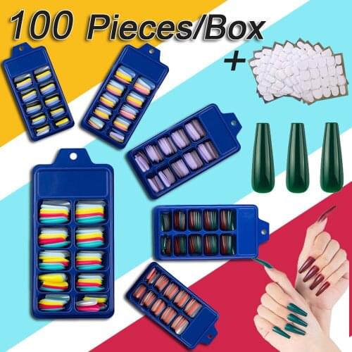 100 Pieces Colored Coffin Ballerina False Nail Tips With 10 Sets Of Nail Adhesives Stick On Fake Nail DIY Full Cover