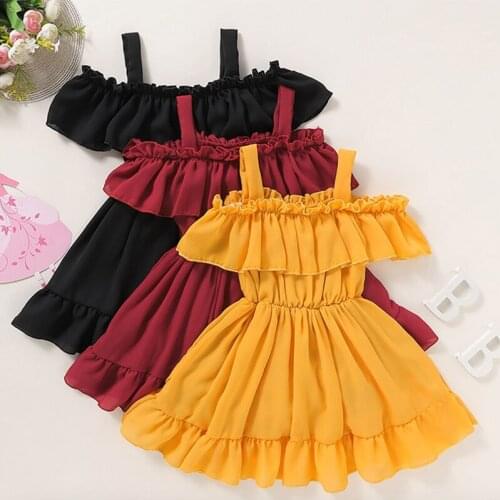 2021 1-6Y New Girls Dress With A Word Collar Solid Color Fashion Childrens Suspender Dress Summer Childrens Dresses