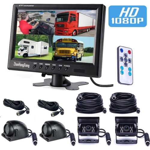 4x IR Night Vision 4Pin Car Front Side Rear View Reverse Camera Kit +9" LCD 4CH Quad Split Monitor System For Bus Truck Trailer