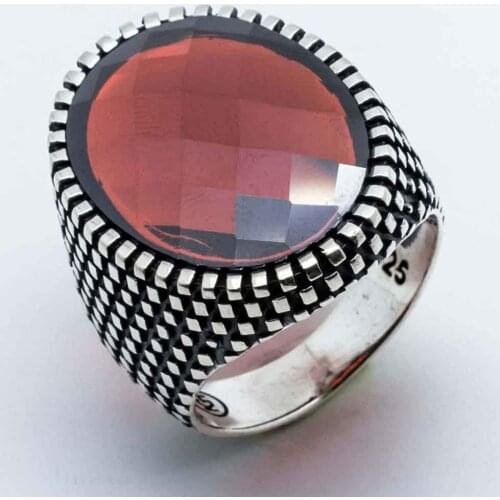 925 sterling Silver Red Zircon Stone Mens Ring
