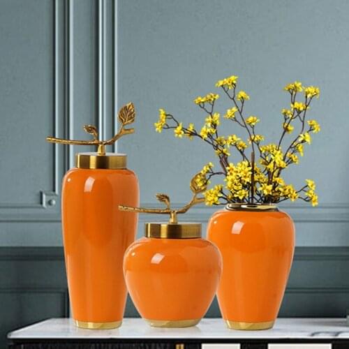 Golden Leaf Storage Jars Ceramic Orange Flower Pot Floral Arrangement Crafts Porcelain Vases Home Decoration
