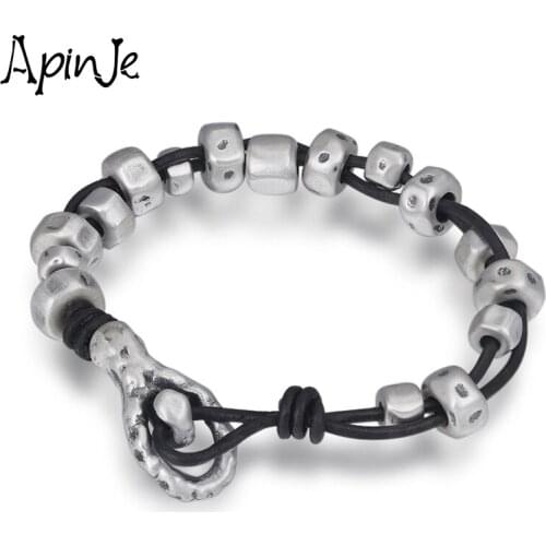 Apinje Solid 999 Fine Silver Bracelet Men Personality Fashion Braided Leather Bead Bracelet Punk Rock Biker Mens Jewelry