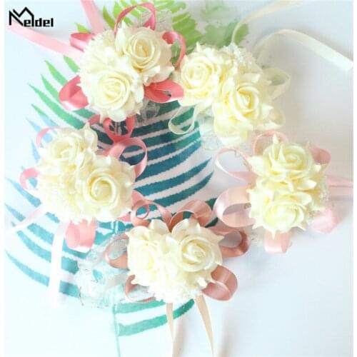 Meldel Wedding Bracelet Wrist Corsage Bridesmaid Flower Corsage Bracelet Wedding Silk Ribbon Rose Artificial Flowers Marriage