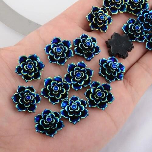 BOLIAO No Hole 10Pcs 20*20mm( 0.79*0.79in) Flower Shape Dark Blue Resin Rhinestone Flatback Appliques/Craft/Wedding Decoration