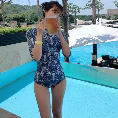 Korean Exquisite Blue And White Printed Wetsuit, Small Fresh Swimsuit Tight Back Zipper, Suitable For Snorkeling And Surfing