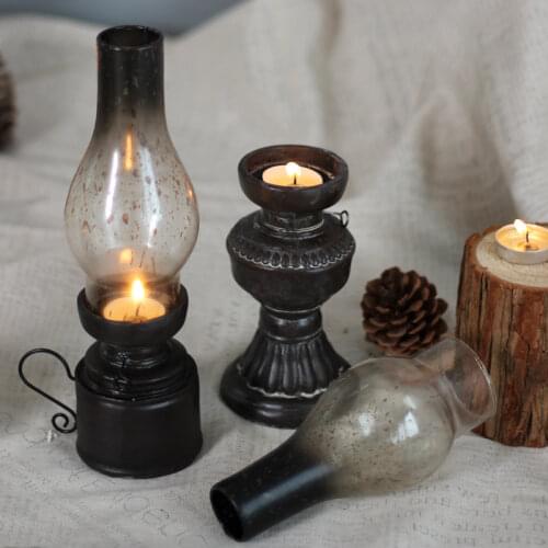 Creative Resin Crafts Nostalgic Kerosene Lamp Candle Holder Decoration Vintage Glass Cover Lantern Candlesticks Home Decor