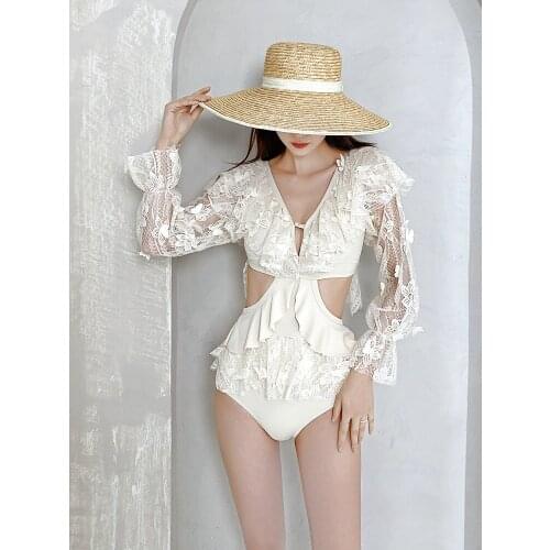 Swimwear 2021 Plus Size 1 Piece Swimsuit Women With Flowers Bathing Suit One Sexy Monokini New French Long Sleeve Fairy