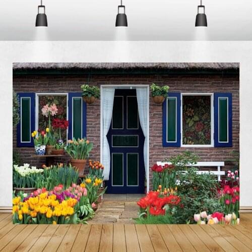 Laeacco Brick Wall House Flowers Blossom Photography Backdrop Window Baby Child Portrait Photocall Photo Studio For Backgrounds
