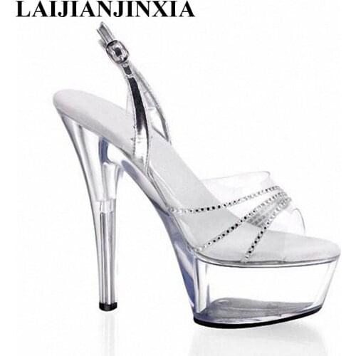 LAIJIANJINXIA New Transparent Color Sandals Shoes With Rihenstones For Women Summer Ankle Strap 15CM High Heels Womens Sandals