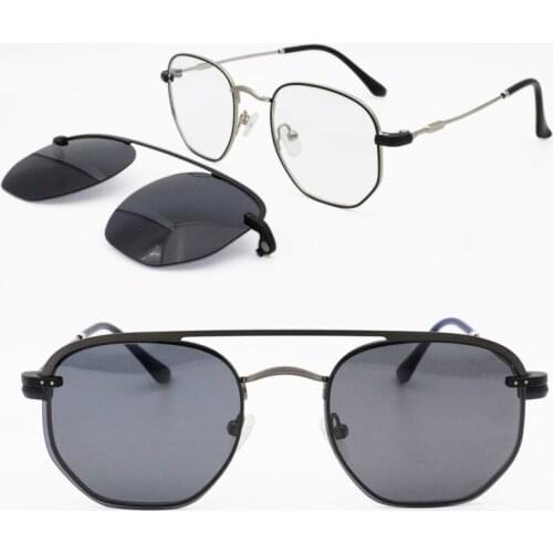 Metal clip on prescription glasses square shape trendy eyeglasses with megnatic steel clip-ons polarized sunglasses lens 3045