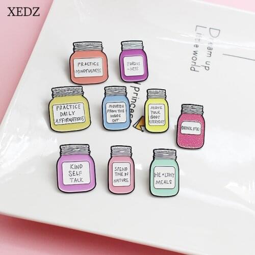 XEDZ 9 color fashion glass bottle brooch fashion cute PRACTICE / KIND / DRINK text jar denim clothes pendant jewelry gift