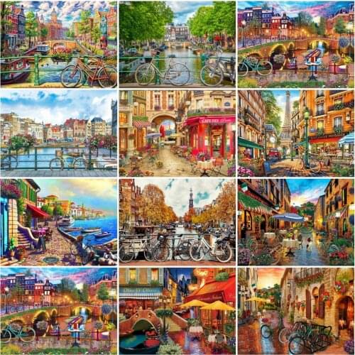 HUACAN Full Square/Round Diamond Art Painting City Street Kits Diamond Mosaic Bike Cross Stitch Handmade Gift