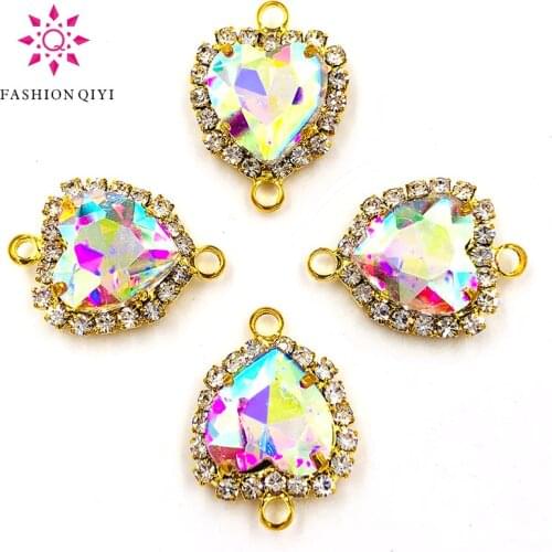 NEW 12mm White AB heart shape gold base double loop Crystal button flatback Glass sew on rhinestones diy garment Accessories