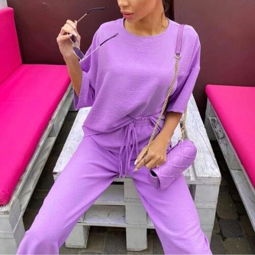 Drawstring Casual Solid Color Two Piece Set Summer 2020 Women Purple Wide Leg Pants And T-Shirt Loose Sport Suit Leisure Outfits