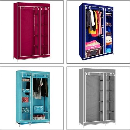 175CM Double Canvas Wardrobe Folding Clothes Cabinet With Zipper DIY Cupboard Hanging Rail Storage Dust Proof