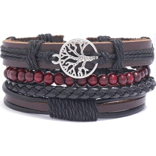 4PCS/Set Handmade Weave Vintage Boho Gypsy Hippie Black Brown Leather Charm Life Tree Layers Bracelets Bangle Unisex Jewelry