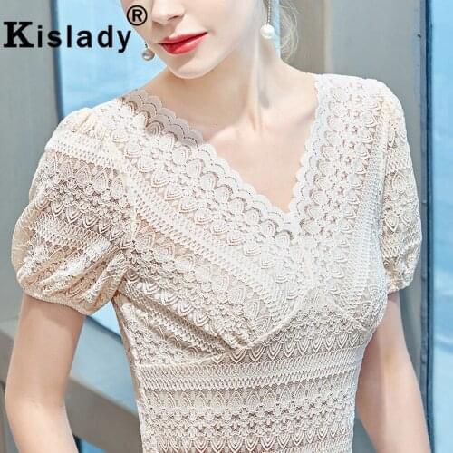 New Spring Fall Women Lantern Sleeve Hollow Out Elegant Shirt Sexy Lace OL V-Neck Harajuku Shirt Korean Vintage Tops Clothes
