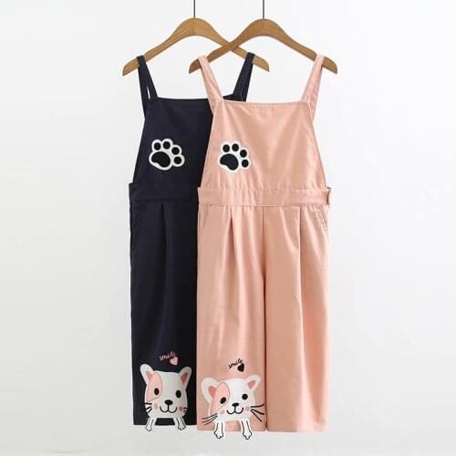 Harajuku Women Suspender Cropped Trousers Kawaii Neko Cat Meow Paw Anime Cartoon Lolita Girls Overalls Pants Student Mori Romper