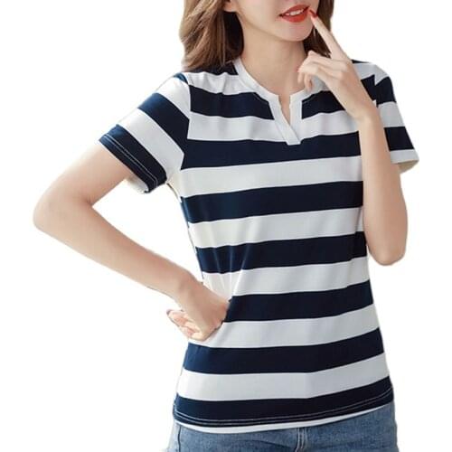 Women Loose Plus Size 4XL T-Shirt Cotton V-Neck Short sleeve Tee Top Big stripes Casual Summer Camiseta Mujer Female T-shirts
