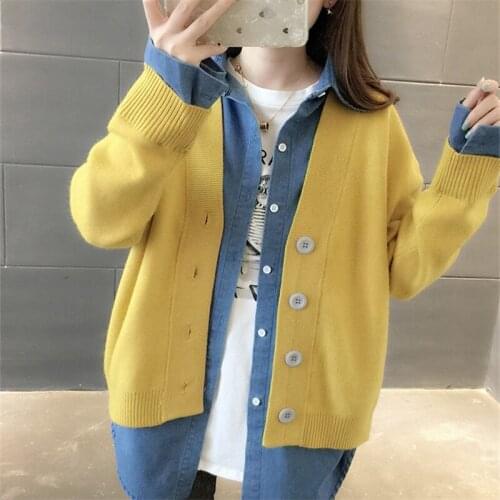 Spring Autumn Denim Splicing Sweater Cardigan Women Knit Jacket Coat Loose Long Sleeve Jeans Splicing Knitted Cardigans Female